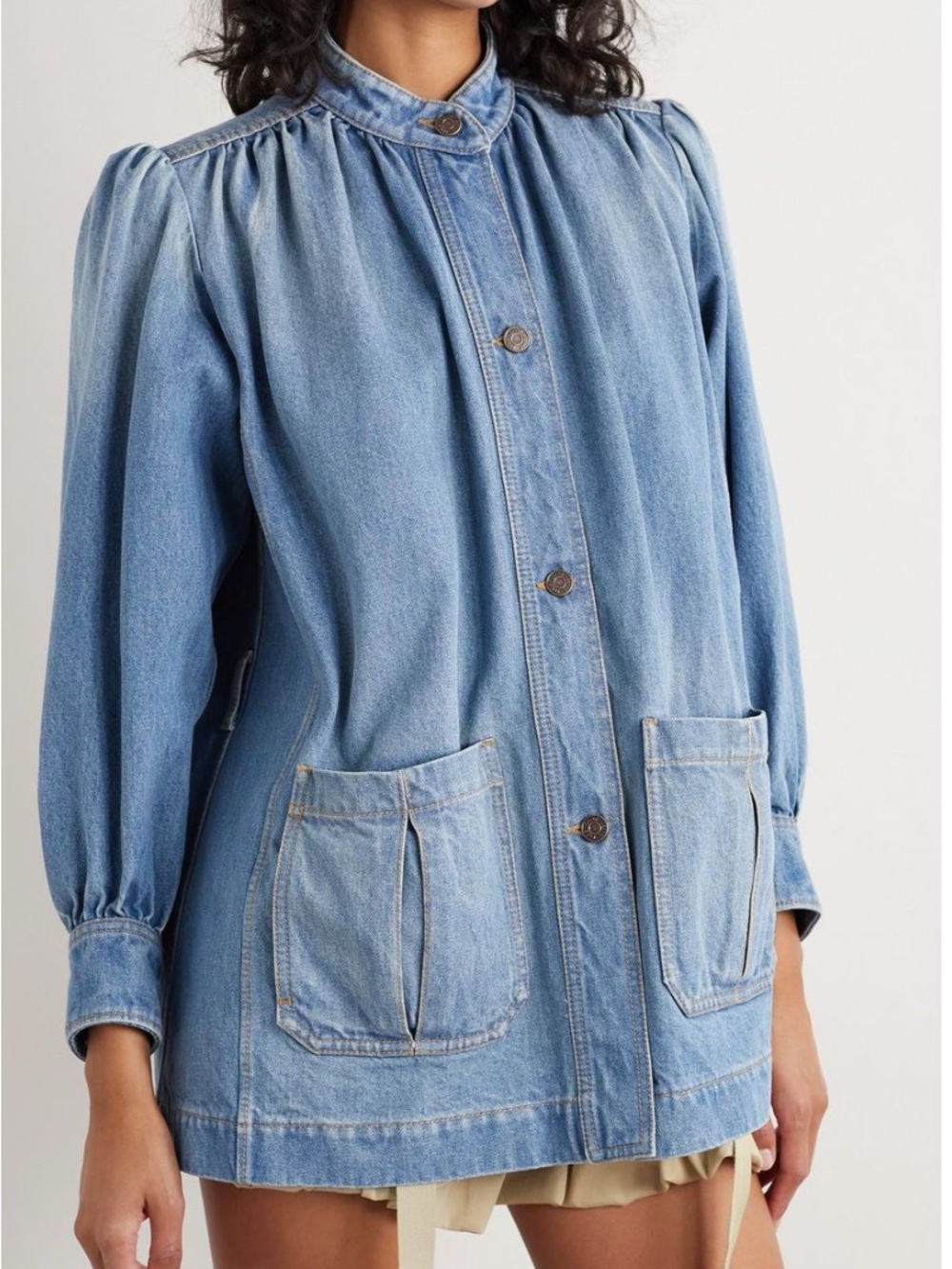 Chloe Light Blue Denim Jean Jacket with Puff Shoulders